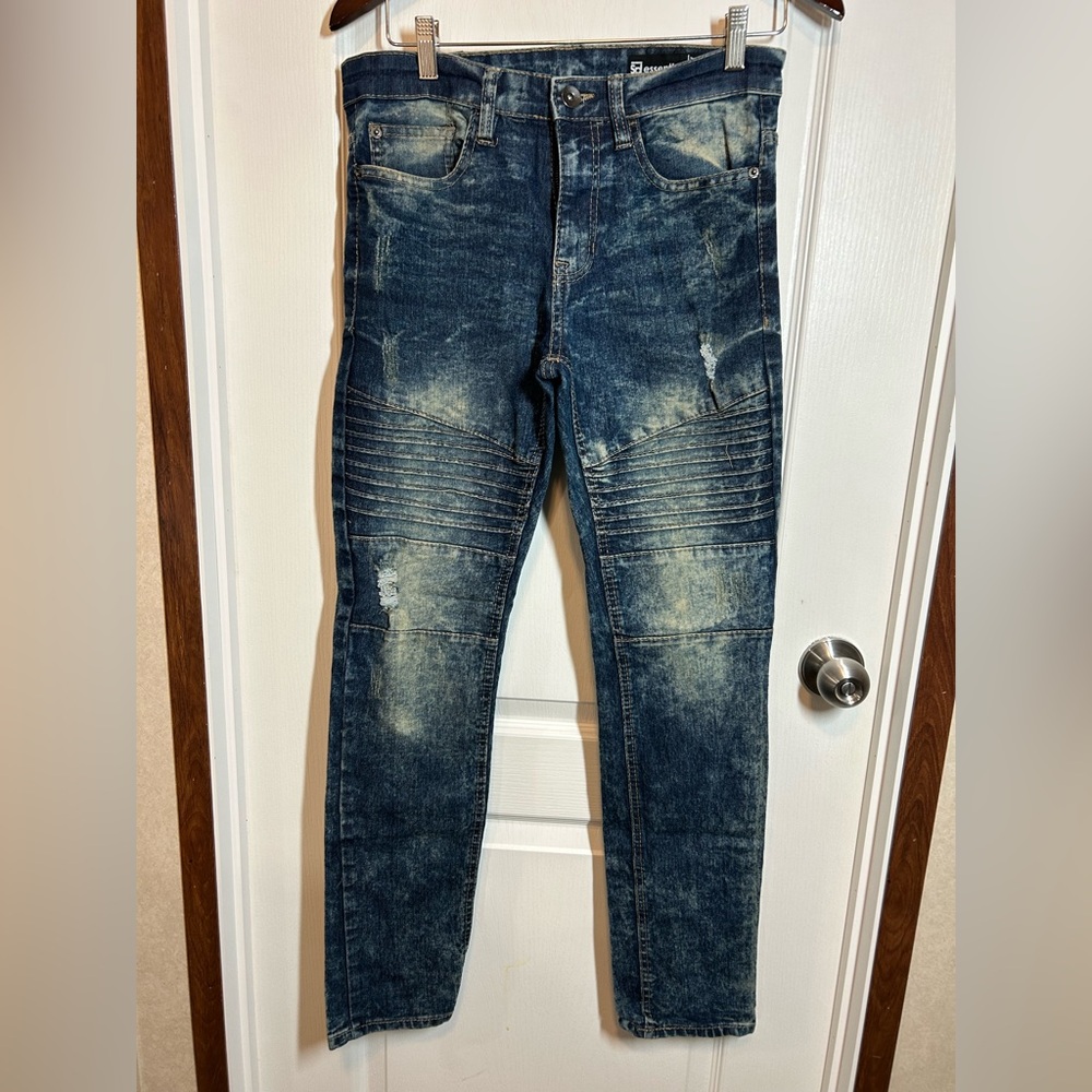 Men’s Essentials Dark Blue Acid Wash Moto Skinny Jeans - Size 30x32 EUC